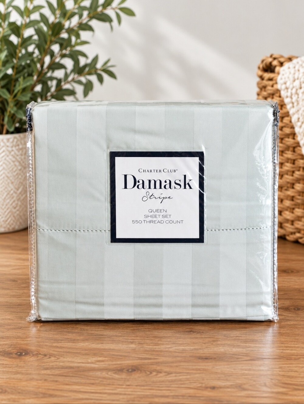 Charter Club Damask Glacier Stripe Queen Sheet Set 550 Thread Count 100% Cotton